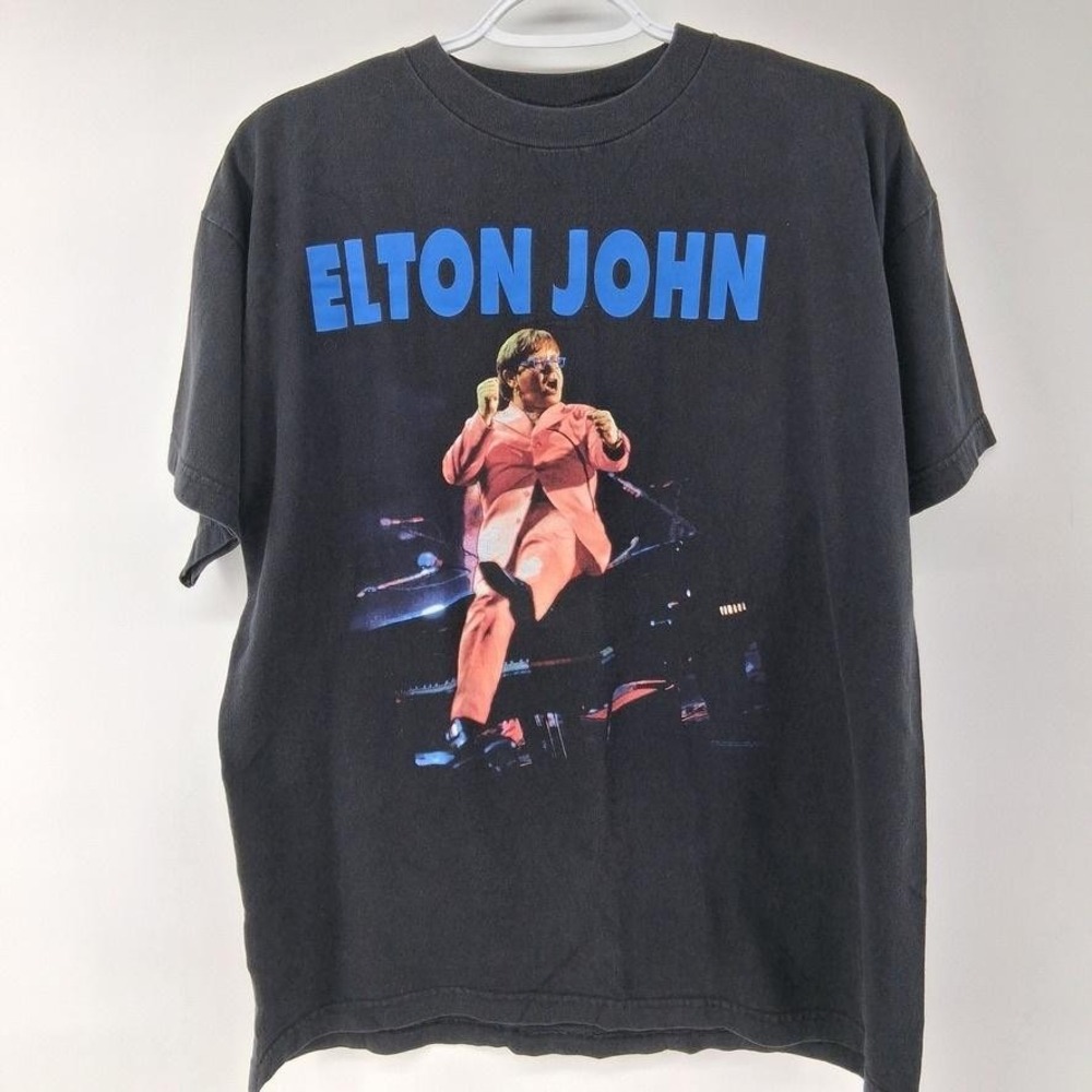 Vintage Elton John Shirt Mens Large Black Solo Tour Concert Band Graphic 90s Tee